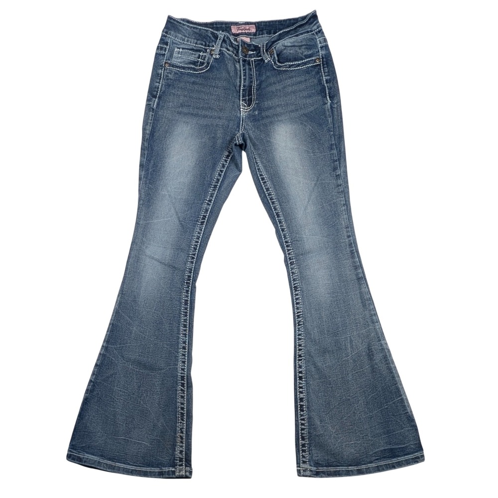 True Luck Flare Jeans Womens 9/10 Blue Medium‎ Wash Thick Stitch Western Cowgirl